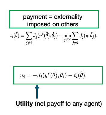 Payment defined as the externality imposed on other agents; utility is the net payoff after the transfer.